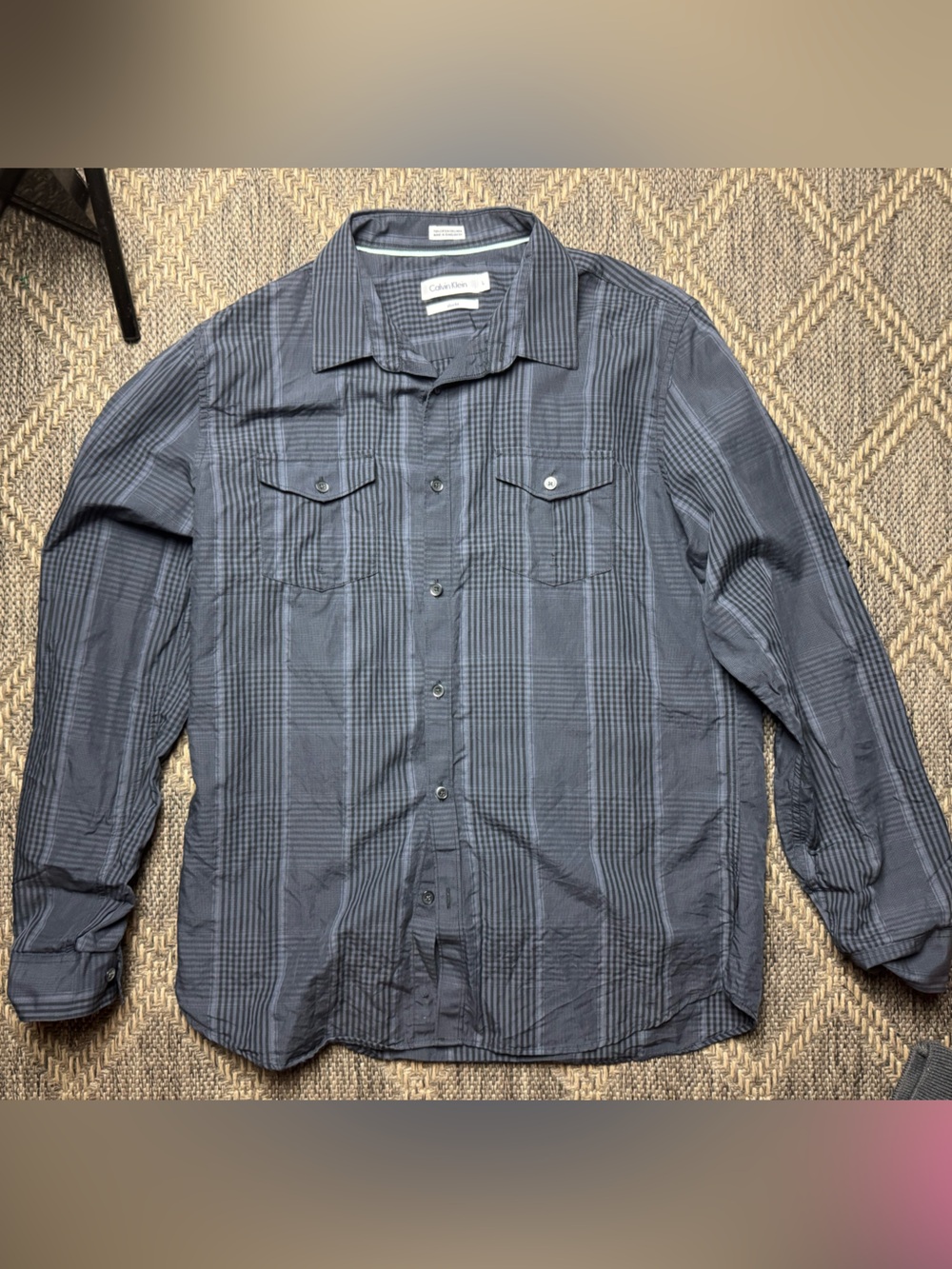 Calvin Klein Shirt Mens L Linen Cotton Blend Long Sleeve Button Up Blue Plaid